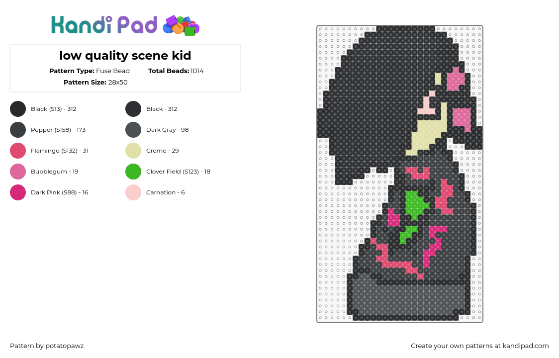 low quality scene kid - Fuse Bead Pattern by potatopawz on Kandi Pad - scene,emo,character,black,gray