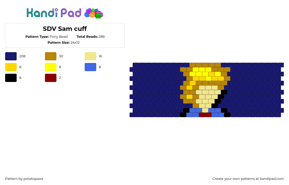 SDV Sam cuff - Pony Bead Pattern by potatopawz on Kandi Pad - sam,stardew valley,portrait,cuff,video game,blue,yellow