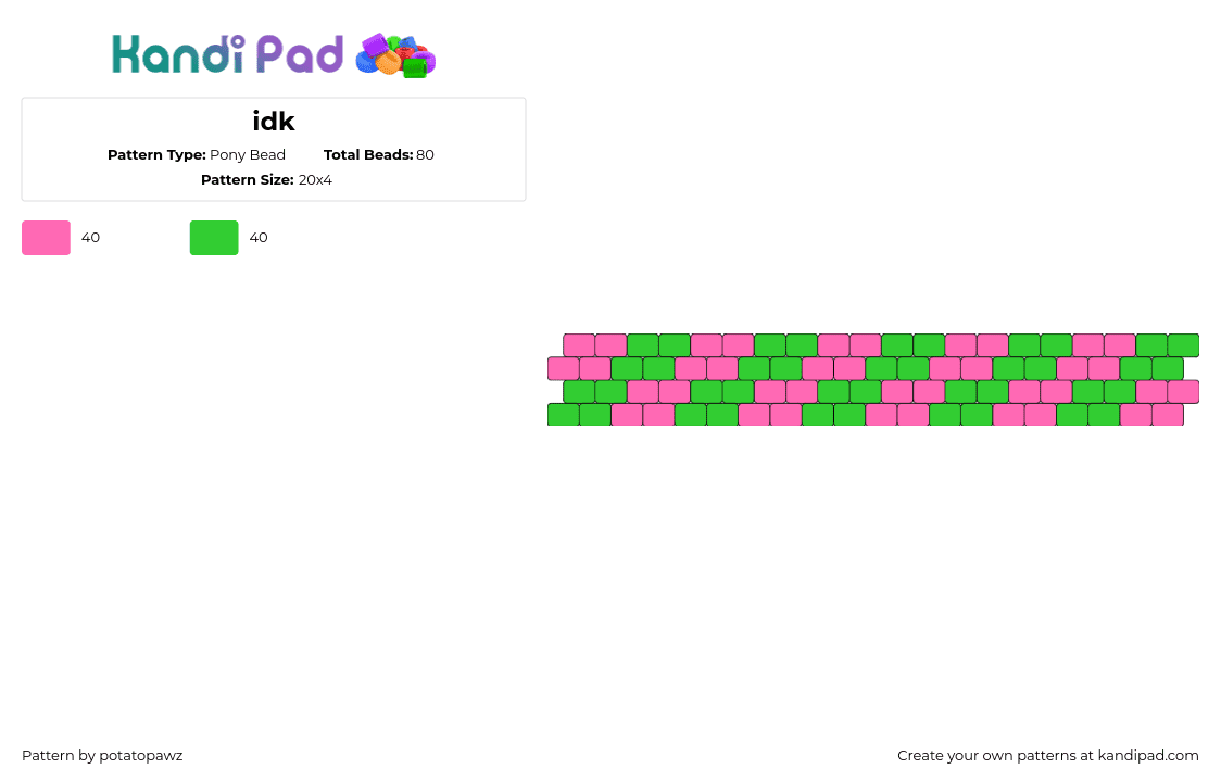 idk - Pony Bead Pattern by potatopawz on Kandi Pad - checkered,scene,diagonal,stripes,bracelet,cuff,pink,green