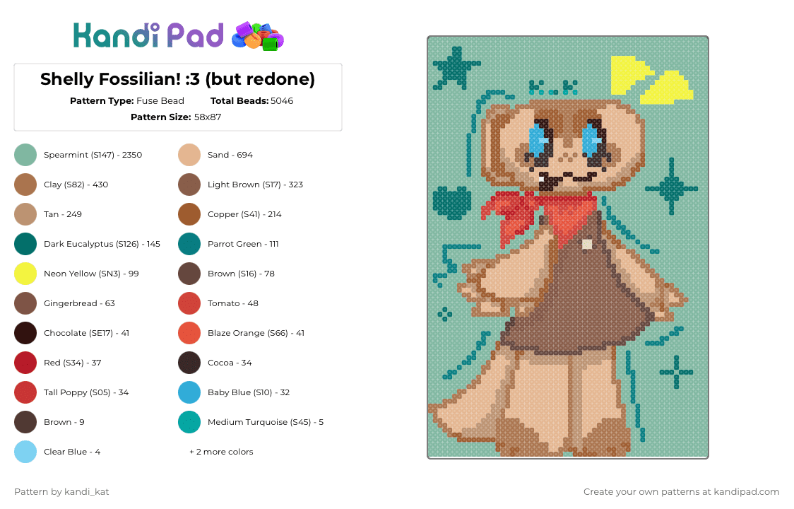 Shelly Fossilian! :3 (but redone) - Fuse Bead Pattern by kandi_kat on Kandi Pad - tan,beige,teal,shelly,dandys world,i eat cement