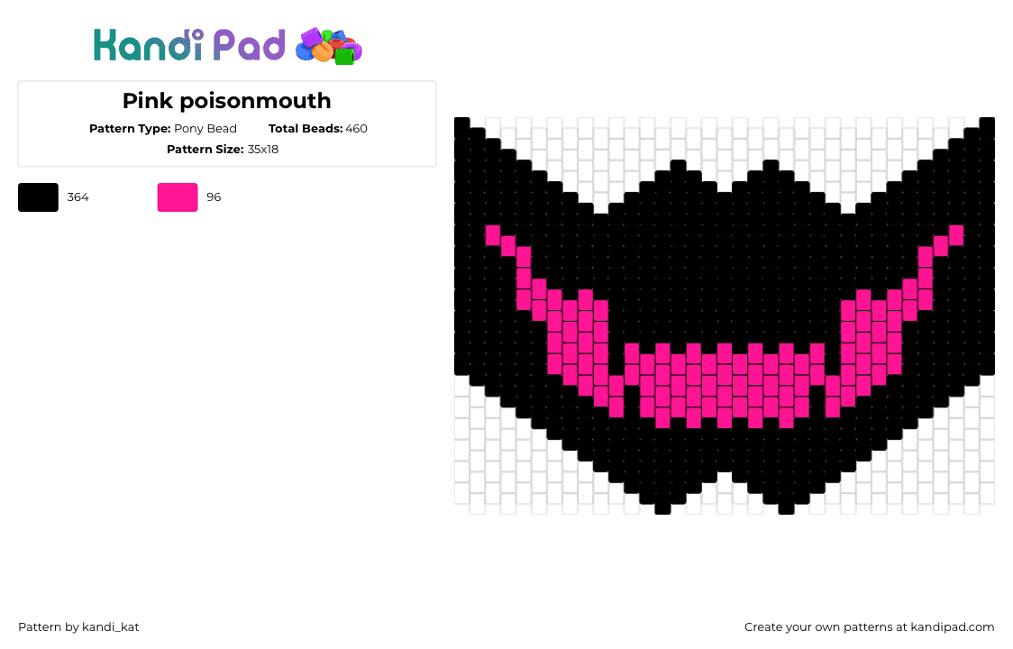 Pink poisonmouth - Pony Bead Pattern by kandi_kat on Kandi Pad - mouth,mask,spooky,grin,smile,dark,neon,pink,black