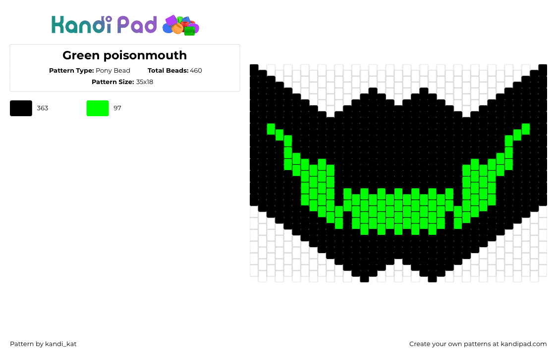 Green poisonmouth - Pony Bead Pattern by kandi_kat on Kandi Pad - mouth,mask,spooky,grin,smile,dark,neon,green,black