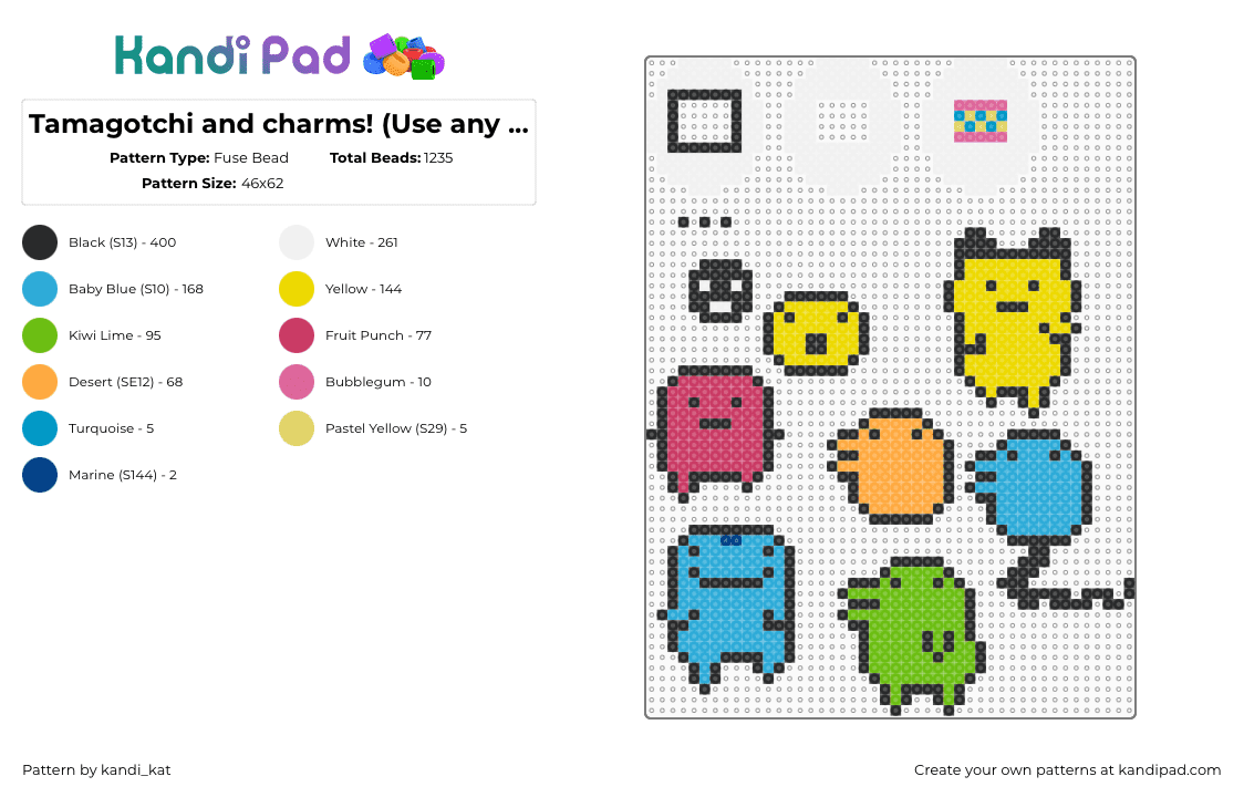 Tamagotchi and charms! (Use any colors for the tamagotchi!) - Fuse Bead Pattern by kandi_kat on Kandi Pad - tamagotchi,3d,charms,characters,cute,simple,nostalgia,retro,colorful,yellow,light blue