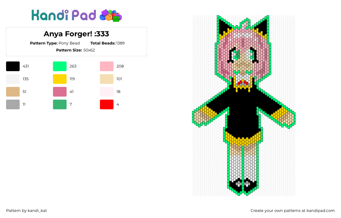 Anya Forger! :333 - Pony Bead Pattern by kandi_kat on Kandi Pad - pink,beige,teal