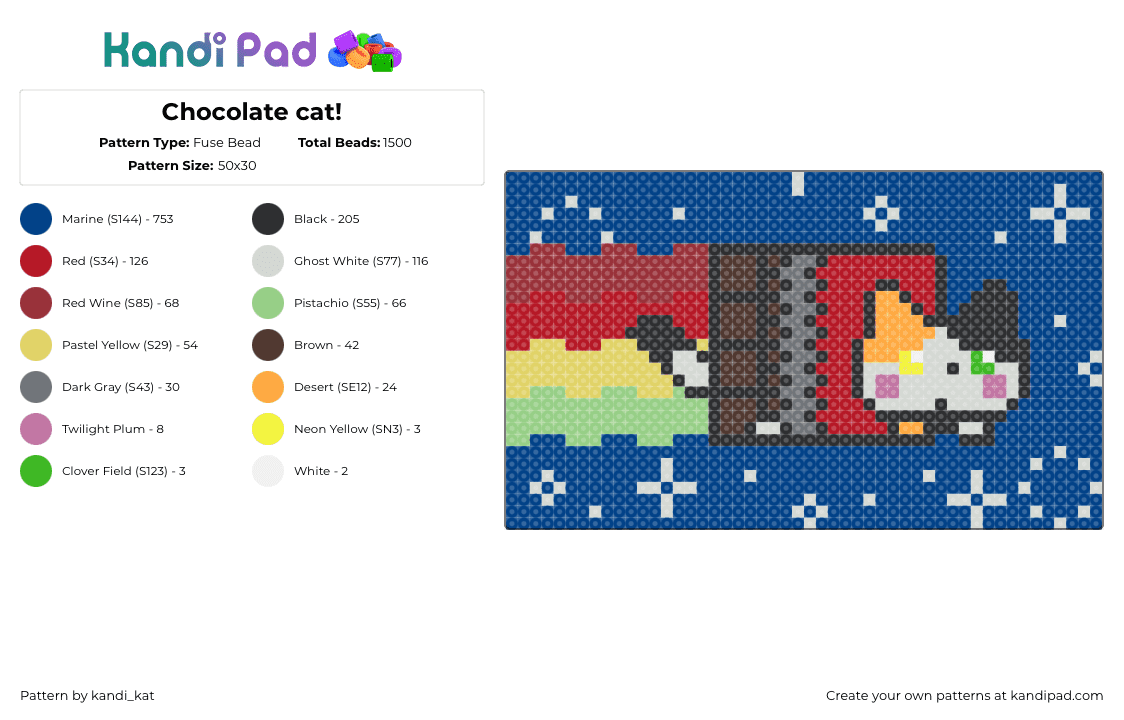 Chocolate cat! - Fuse Bead Pattern by kandi_kat on Kandi Pad - chocolate,nyan cat,meme,colorful,panel,sparkles,blue,red