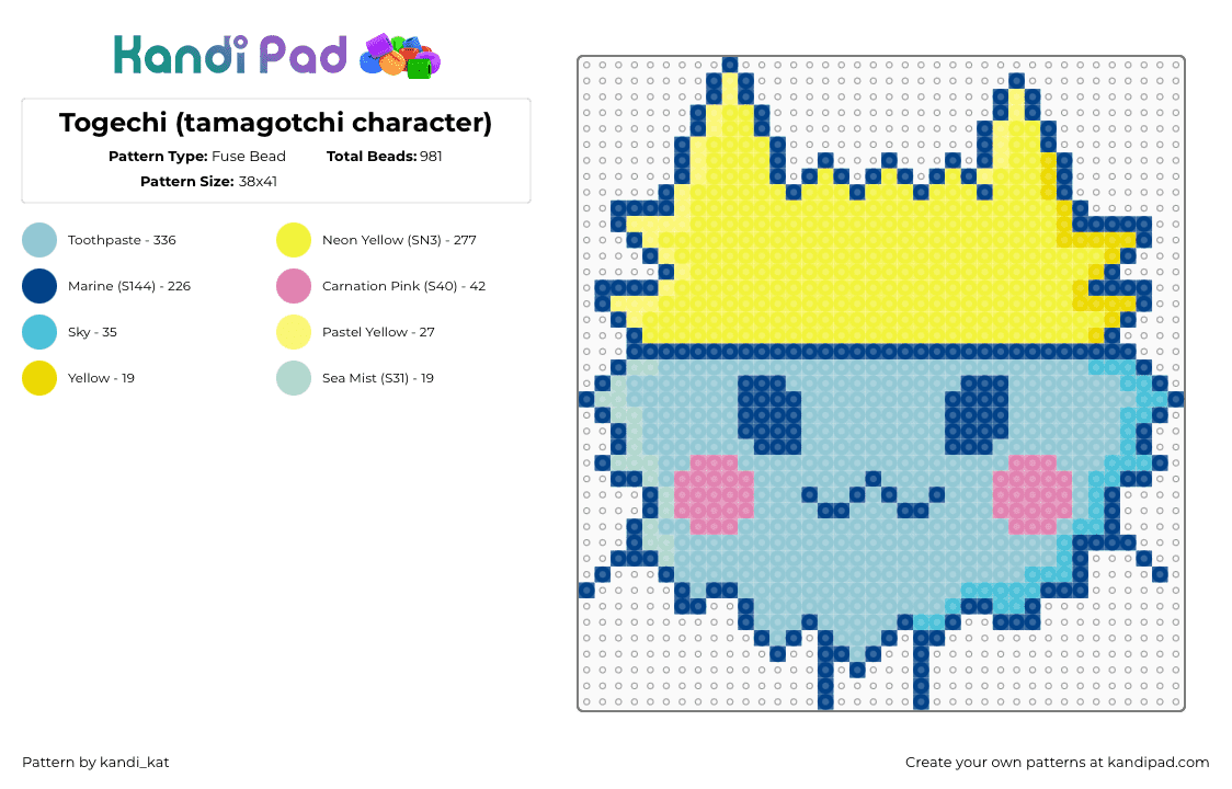 Togechi (tamagotchi character) - Fuse Bead Pattern by kandi_kat on Kandi Pad - togechi,tamagotchi,nostalgia,character,retro,video game,yellow,light blue