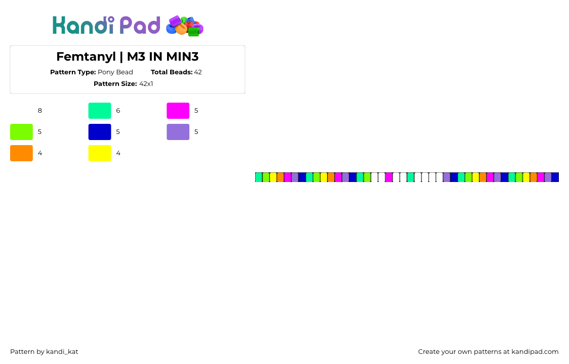 Femtanyl | M3 IN MIN3 - Pony Bead Pattern by kandi_kat on Kandi Pad - me in mine,femtanyl,music,single,bracelet,colorful,green,purple