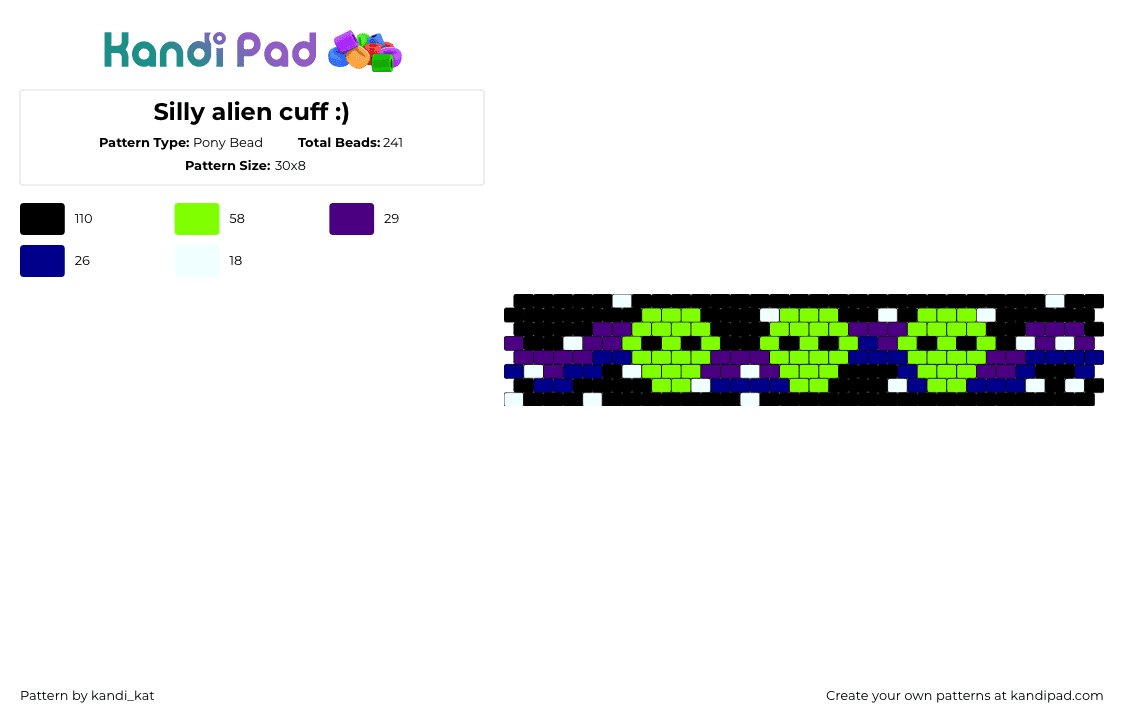 Silly alien cuff :) - Pony Bead Pattern by kandi_kat on Kandi Pad - aliens,space,extraterrestrial,heads,cuff,galaxy,green,purple