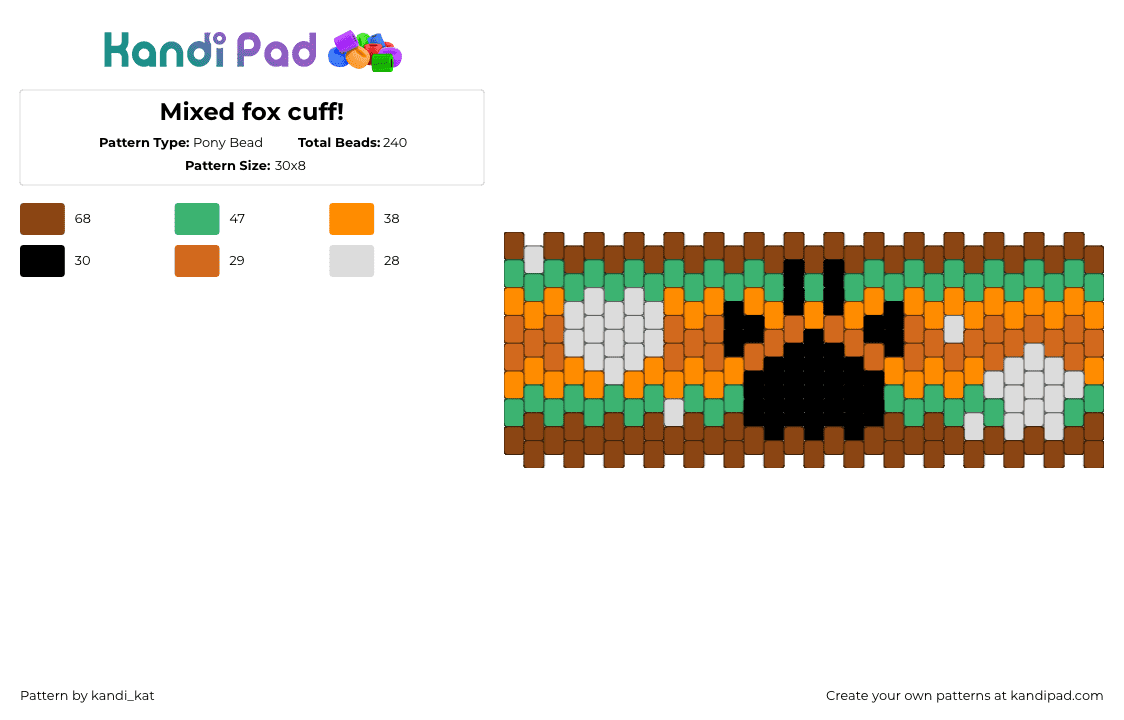 Mixed fox cuff! - Pony Bead Pattern by kandi_kat on Kandi Pad - fox,paw print,animal,cuff,brown,orange