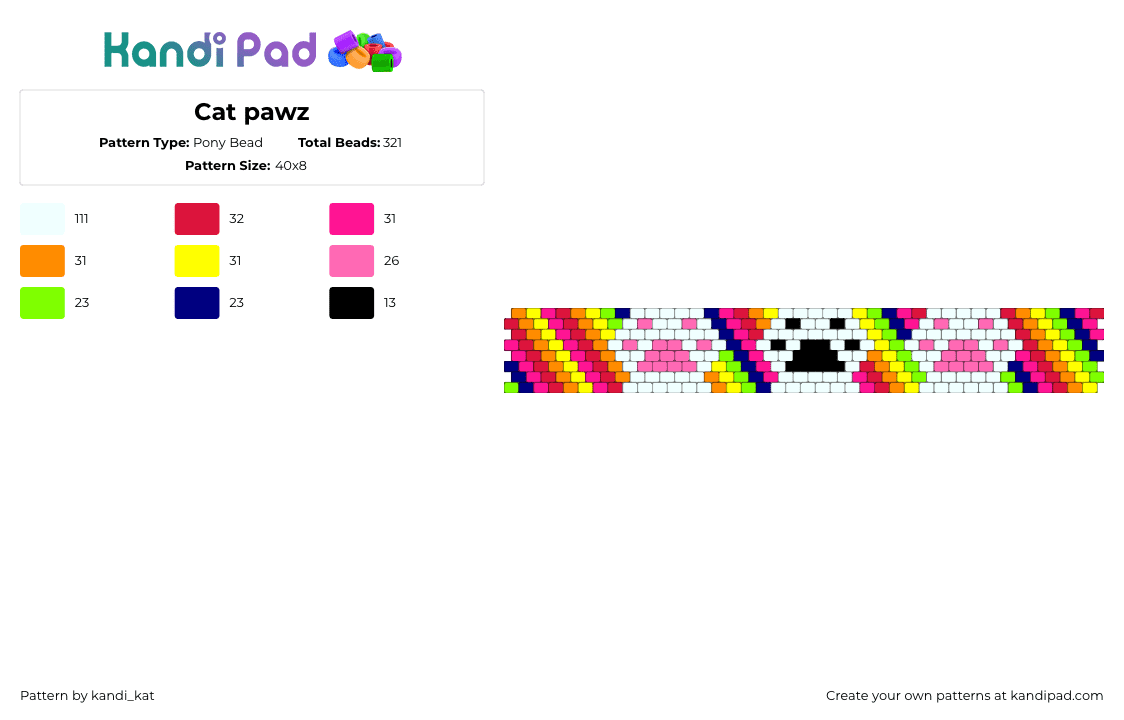 Cat pawz - Pony Bead Pattern by kandi_kat on Kandi Pad - paw prints,cat,pink,red,orange,yellow