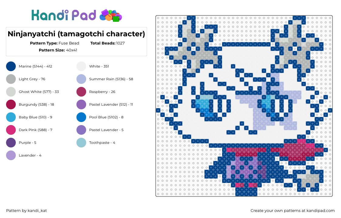 Ninjanyatchi (tamagotchi character) - Fuse Bead Pattern by kandi_kat on Kandi Pad - ninjanyatchi,tamagotchi,nostalgia,character,retro,video game,white,purple