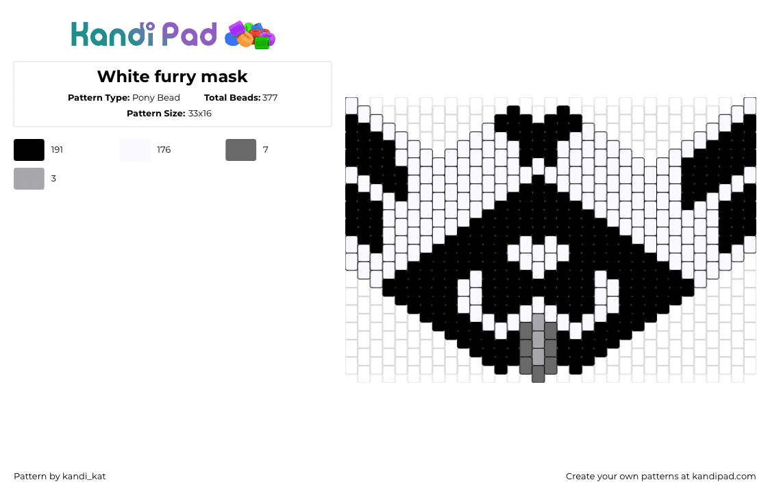 White furry mask - Pony Bead Pattern by kandi_kat on Kandi Pad - furry,tongue,community,mask,black,white