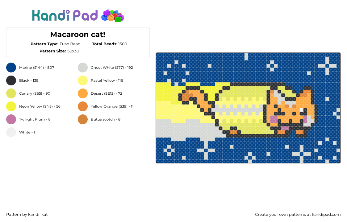 Macaroon cat! - Fuse Bead Pattern by kandi_kat on Kandi Pad - macaroon,nyan cat,meme,panel,sparkles,yellow,orange,blue