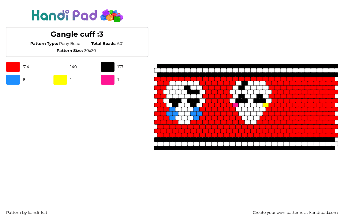 Gangle cuff :3 - Pony Bead Pattern by kandi_kat on Kandi Pad - gangle,amazing digital circus,masks,cuff,tv show,animation,red,white