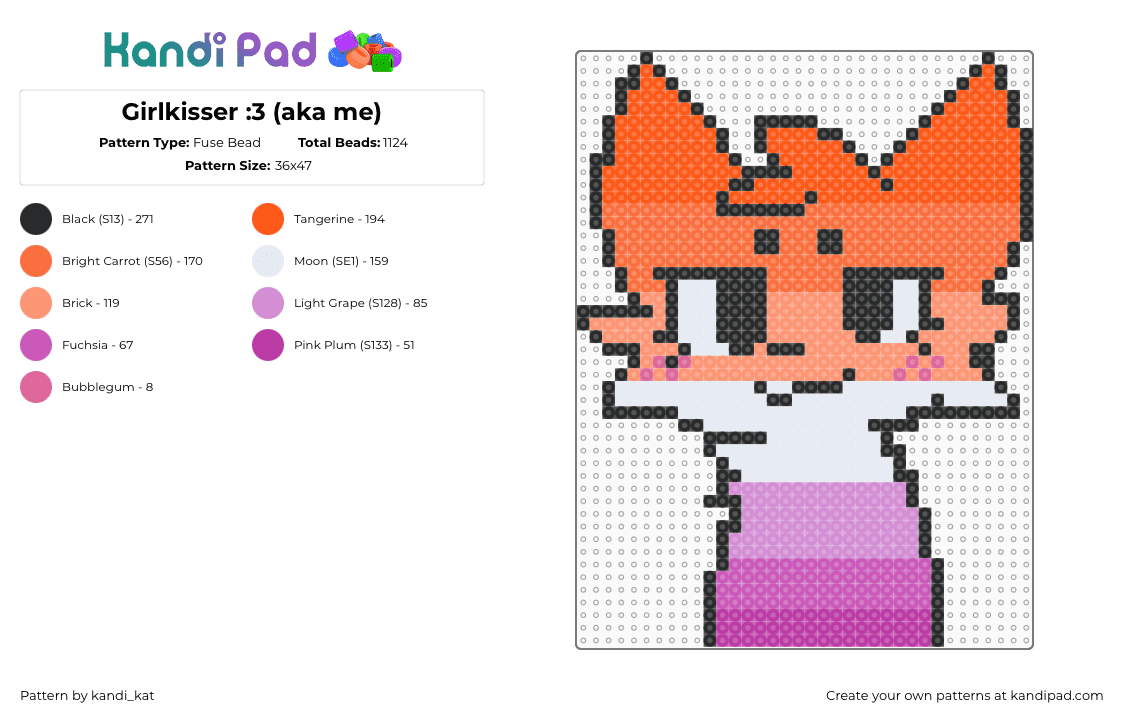 Girlkisser :3 (aka me) - Fuse Bead Pattern by kandi_kat on Kandi Pad - orange, pink