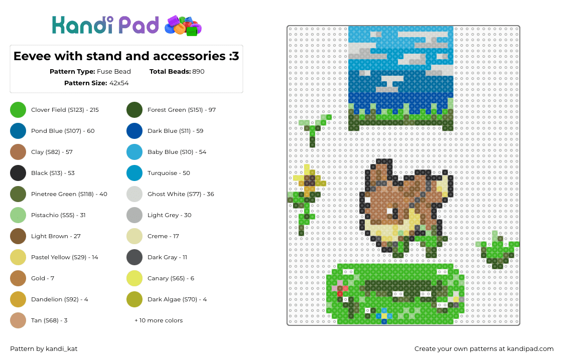 Eevee with stand and accessories :3 - Fuse Bead Pattern by kandi_kat on Kandi Pad - green,gold,blue,light blue,colorful