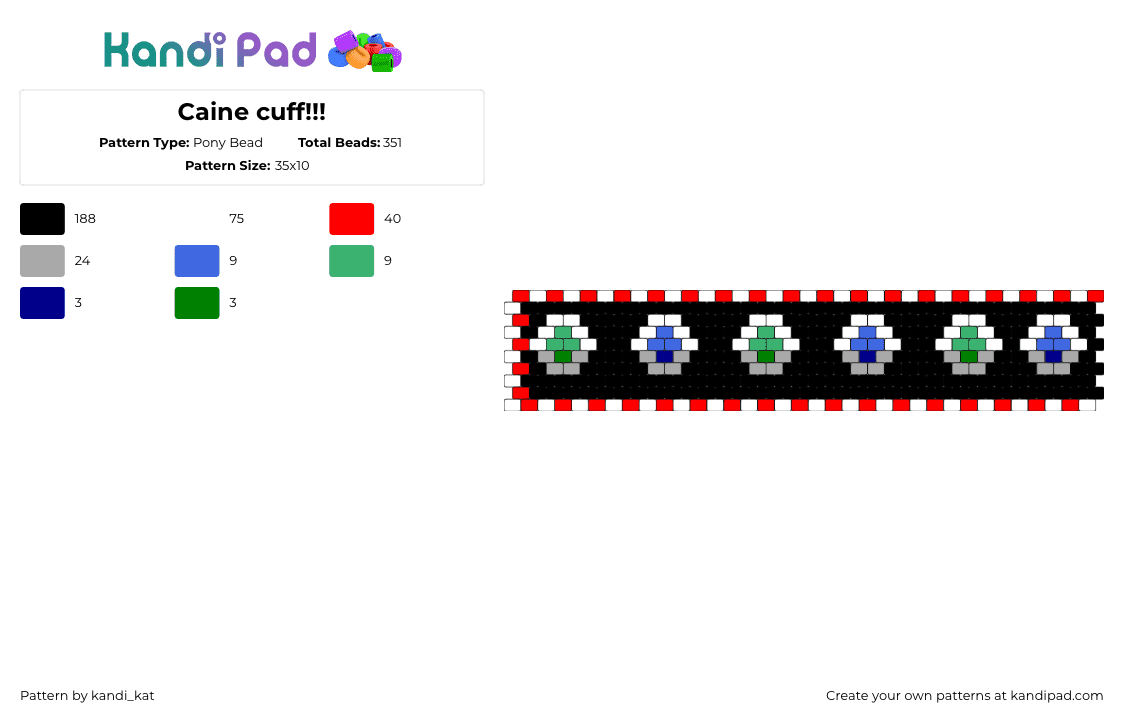 Caine cuff!!! - Pony Bead Pattern by kandi_kat on Kandi Pad - caine,amazing digital circus,cuff,animation,tv show,dark,black,red,blue,green