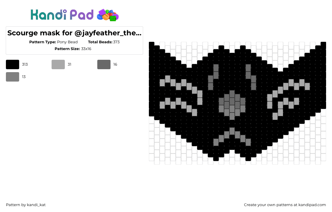 Scourge mask for @jayfeather_the_silly - Pony Bead Pattern by kandi_kat on Kandi Pad - scourge,warrior cats,cat,mask,story,black,gray