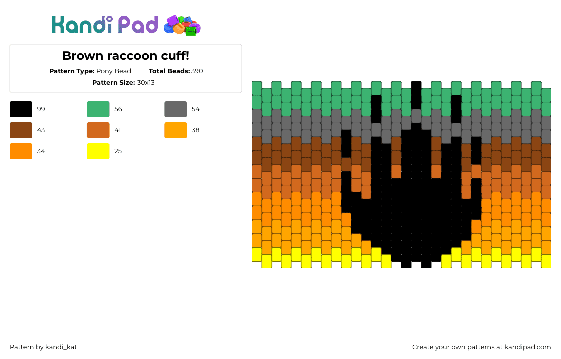 Brown raccoon cuff! - Pony Bead Pattern by kandi_kat on Kandi Pad - raccoon,paw print,animal,gradient,cuff,orange,brown,black