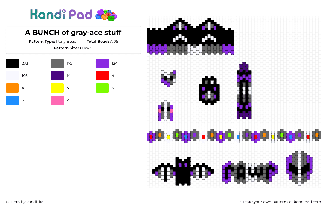 A BUNCH of gray-ace stuff - Pony Bead Pattern by kandi_kat on Kandi Pad - grey ace,asexual,pride,charms,bat,cat,chain,black,purple