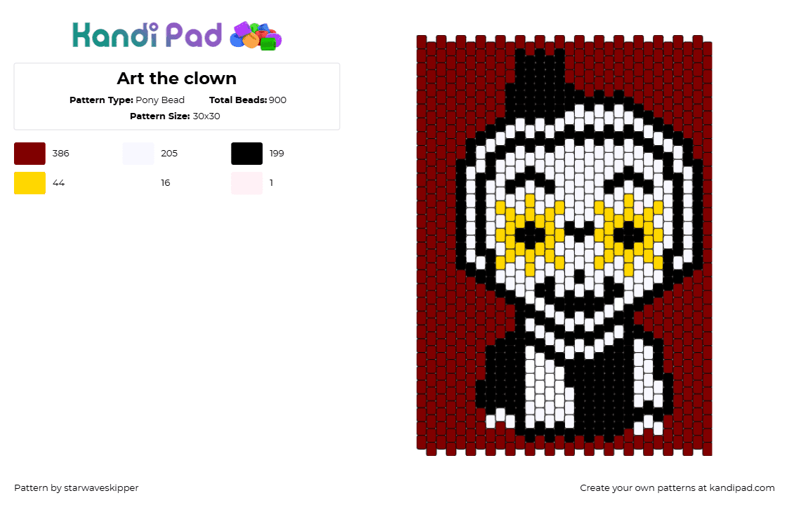 Art the clown - Pony Bead Pattern by starwaveskipper on Kandi Pad - art,terrifier,clown,horror,slasher,movie,character,panel,red,black,white