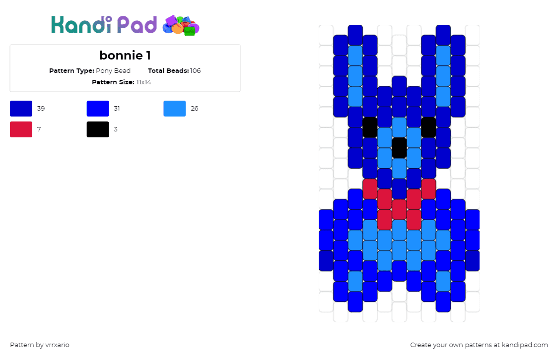 bonnie 1 - Pony Bead Pattern by vrrxario on Kandi Pad - bonnie,fnaf,five nights at freddys,bunny,video game,character,plush,horror,blue