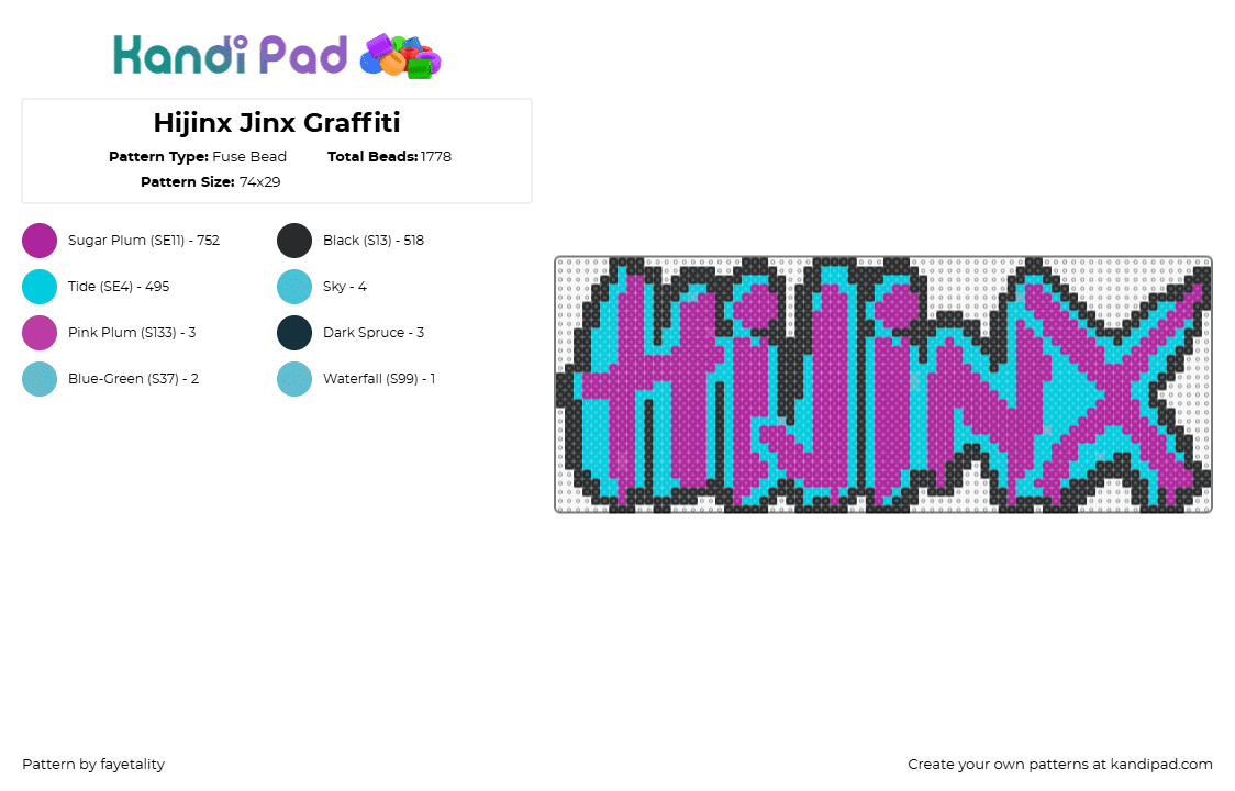 Hijinx Jinx Graffiti - Fuse Bead Pattern by fayetality on Kandi Pad - hijinx,festival,graffiti,logo,music,edm,purple,light blue