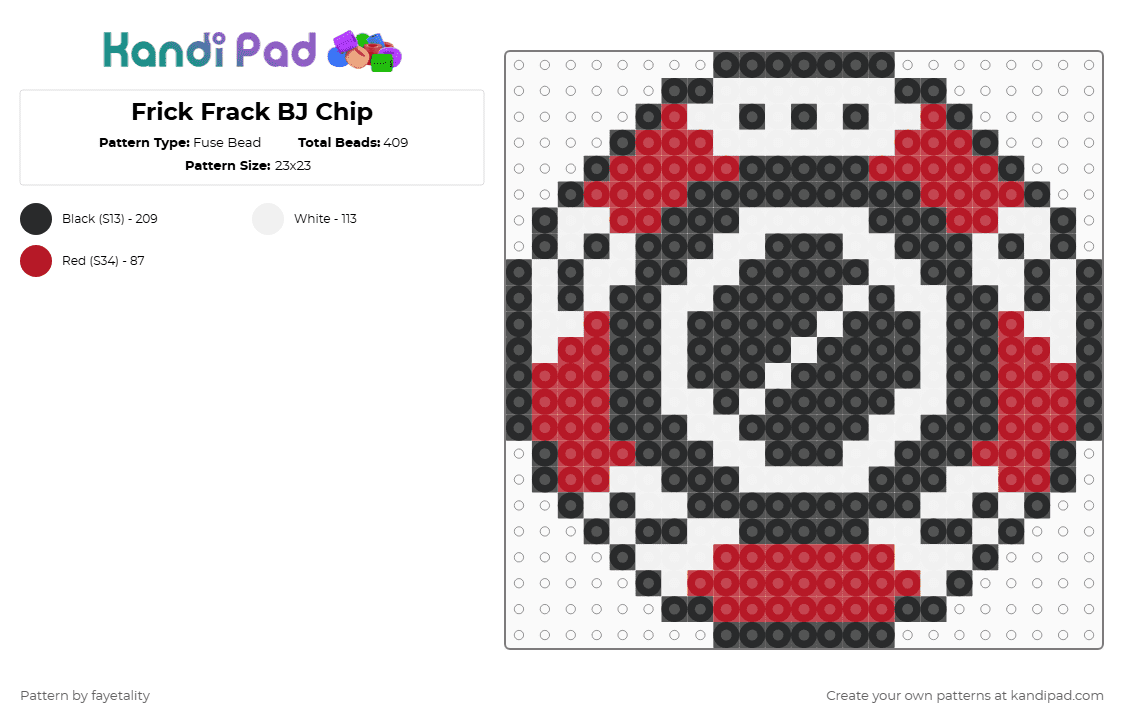 Frick Frack BJ Chip - Fuse Bead Pattern by fayetality on Kandi Pad - frick frack blackjack,chip,gambling,barter,money,card game,casino,white,red
