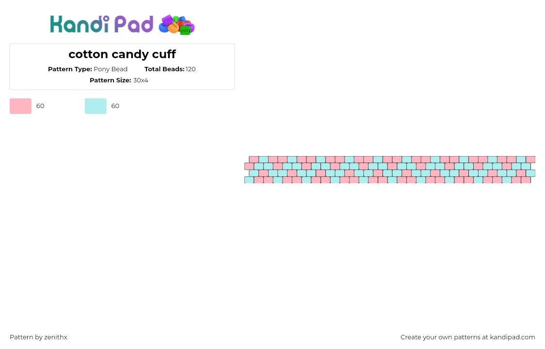 cotton candy cuff - Pony Bead Pattern by zenithx on Kandi Pad - zig zag,cotton candy,pastel,cuff,pink,light blue