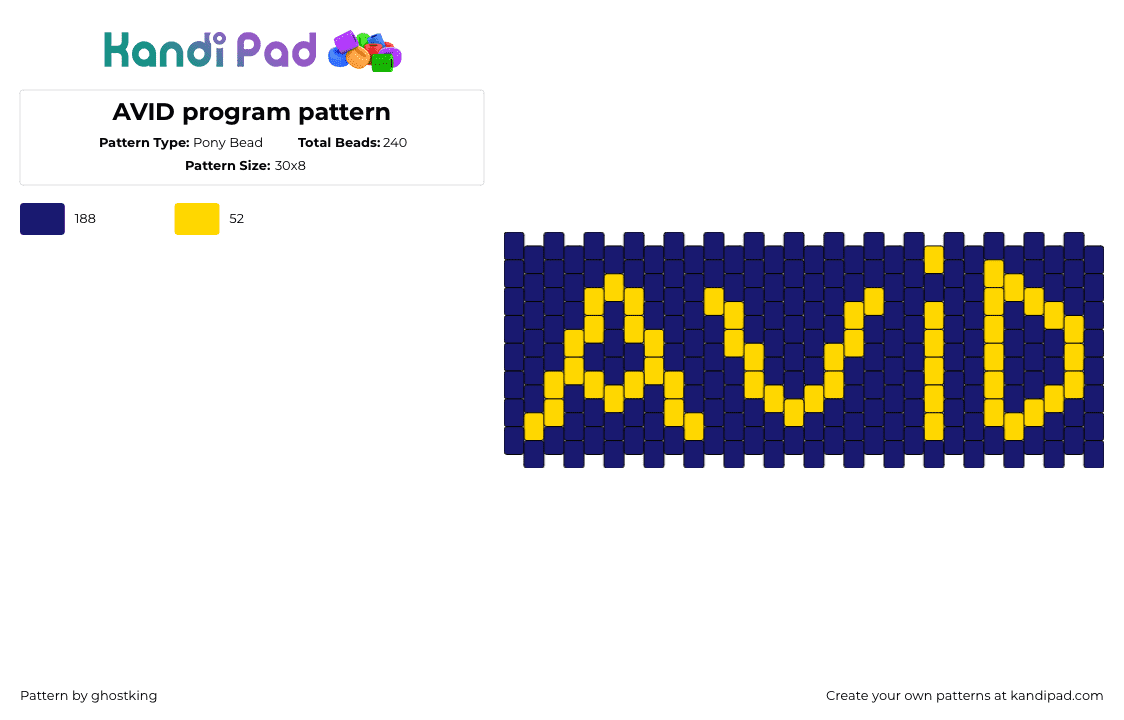 AVID program pattern - Pony Bead Pattern by ghostking on Kandi Pad - avid,text,logo,school,cuff,yellow,blue