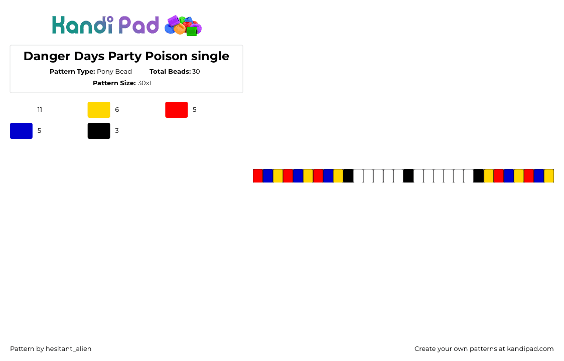 Danger Days Party Poison single - Pony Bead Pattern by hesitant_alien on Kandi Pad - party poison,danger days,mcr,my chemical romance,song,music,band,emo,colorful,single,bracelet,red,blue,yellow