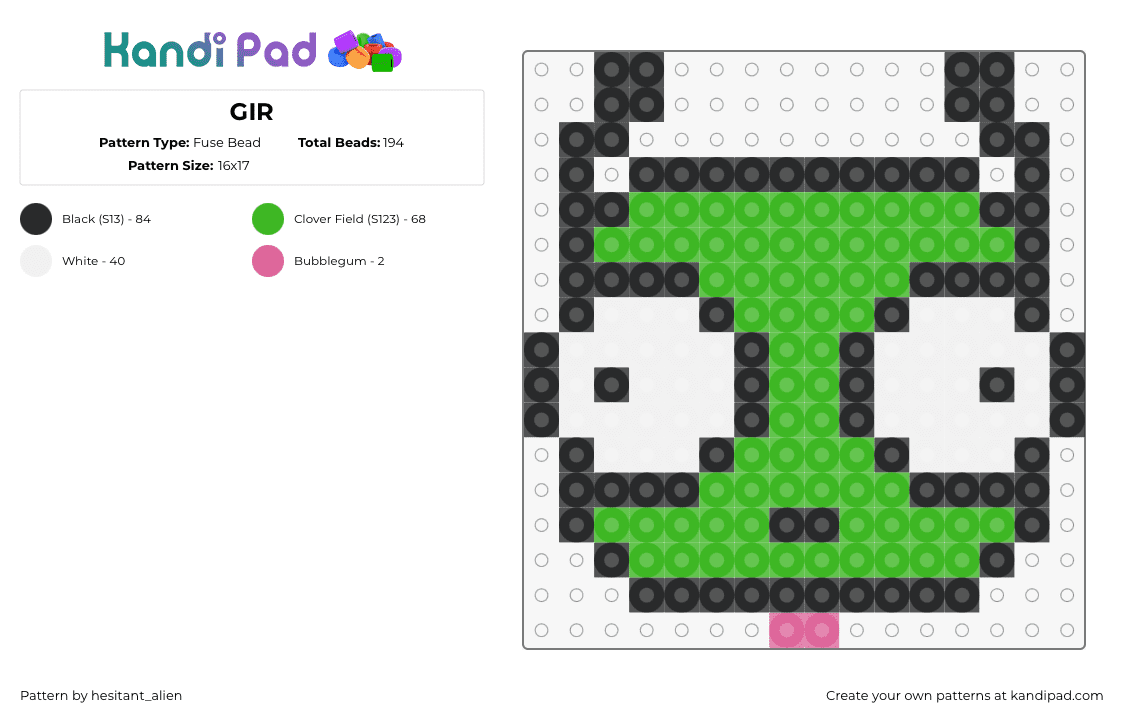 GIR - Fuse Bead Pattern by hesitant_alien on Kandi Pad - gir,invader zim,dog,character,head,cartoon,tv show,green,white