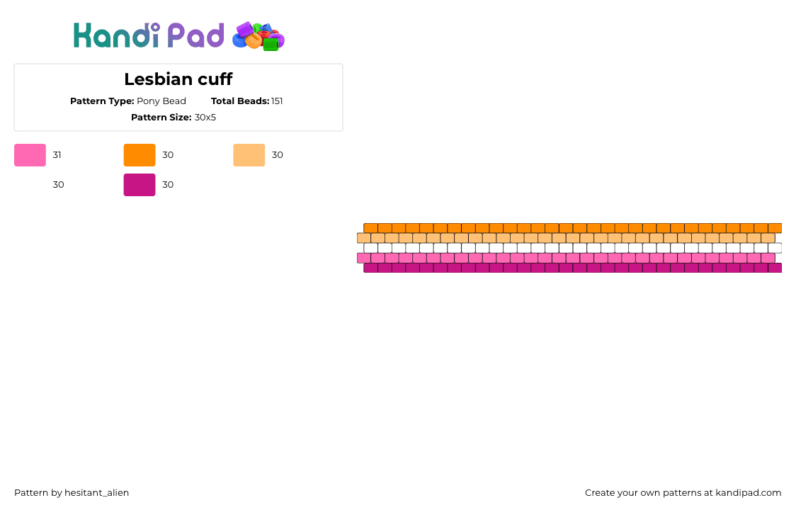 Lesbian cuff - Pony Bead Pattern by hesitant_alien on Kandi Pad - lesbian,pride,single,bracelet,orange,pink