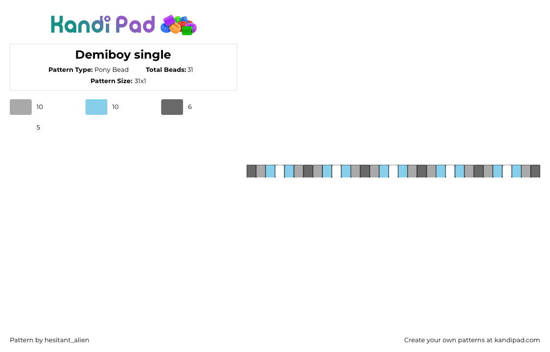 Demiboy single - Pony Bead Pattern by hesitant_alien on Kandi Pad - demiboy,pride,single,bracelet,light blue,gray