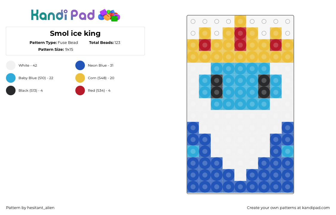 Smol ice king - Fuse Bead Pattern by hesitant_alien on Kandi Pad - ice king,adventure time,character,cartoon,tv show,beard,crown,blue,white,lightb lue,yellow