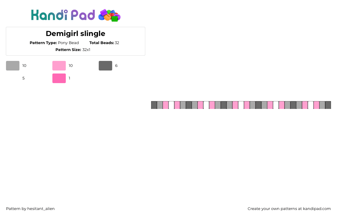 Demigirl slingle - Pony Bead Pattern by hesitant_alien on Kandi Pad - demigirl,pride,single,bracelet,pink,gray