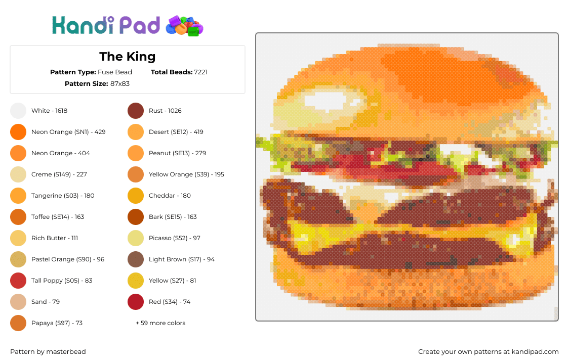 The King - Fuse Bead Pattern by masterbead on Kandi Pad - hamburger,burger king,bun,sandwich,fast food,cheese,orange,brown