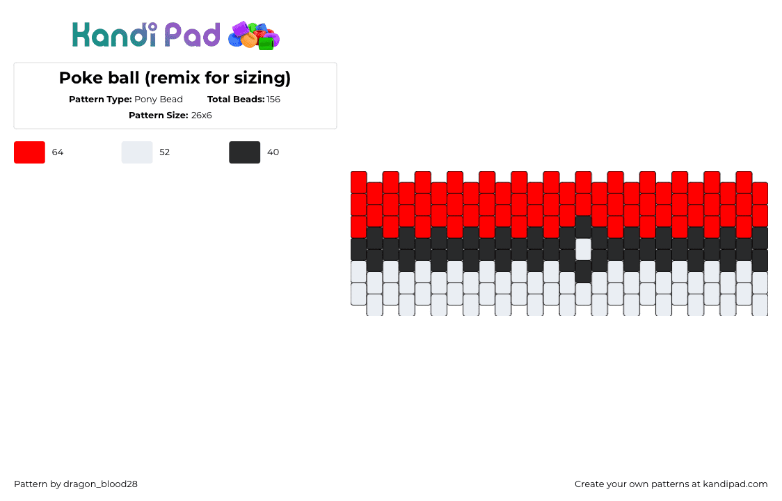 Poke ball (remix for sizing) - Pony Bead Pattern by dragon_blood28 on Kandi Pad - pokeball,pokemon,gaming,red,gray,black