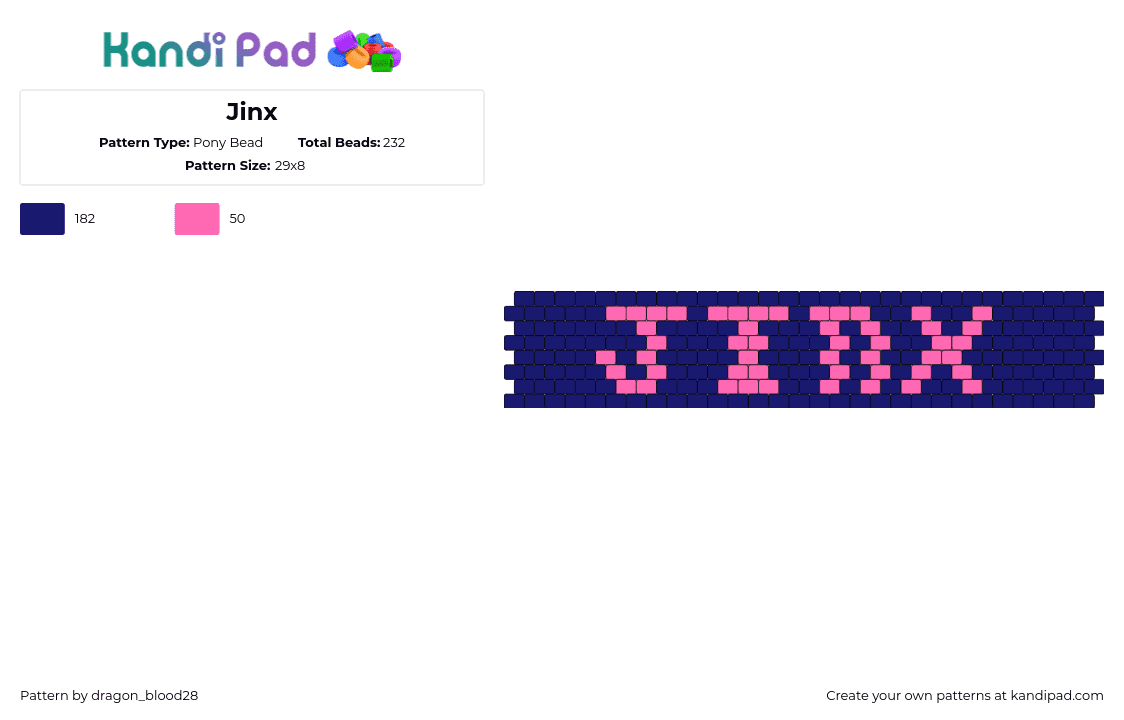 Jinx - Pony Bead Pattern by dragon_blood28 on Kandi Pad - jinx,arcane,text,video game,cuff,pink,blue