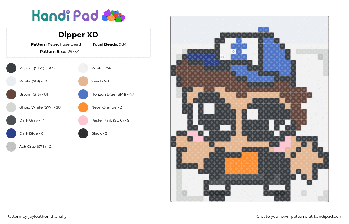 Dipper XD - Fuse Bead Pattern by jayfeather_the_silly on Kandi Pad - dipper pines,gravity falls,character,derpy,silly,tv show,character,chibi,cartoon,tan,blue