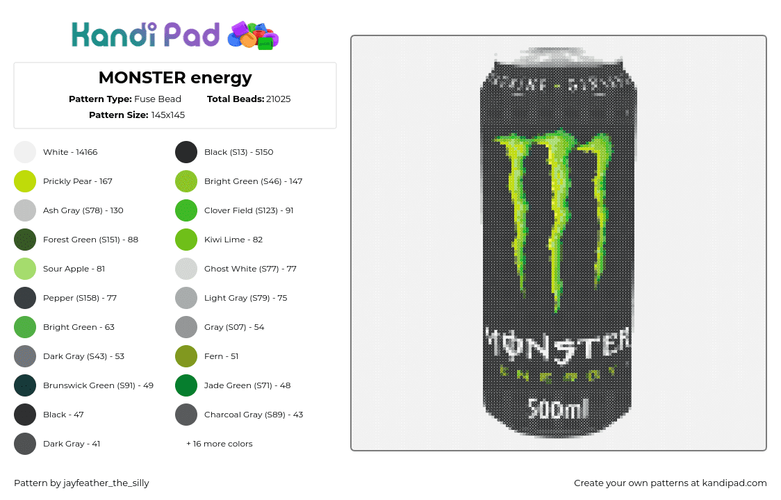 MONSTER energy - Fuse Bead Pattern by jayfeather_the_silly on Kandi Pad - monster,energy,can,drink,black,green