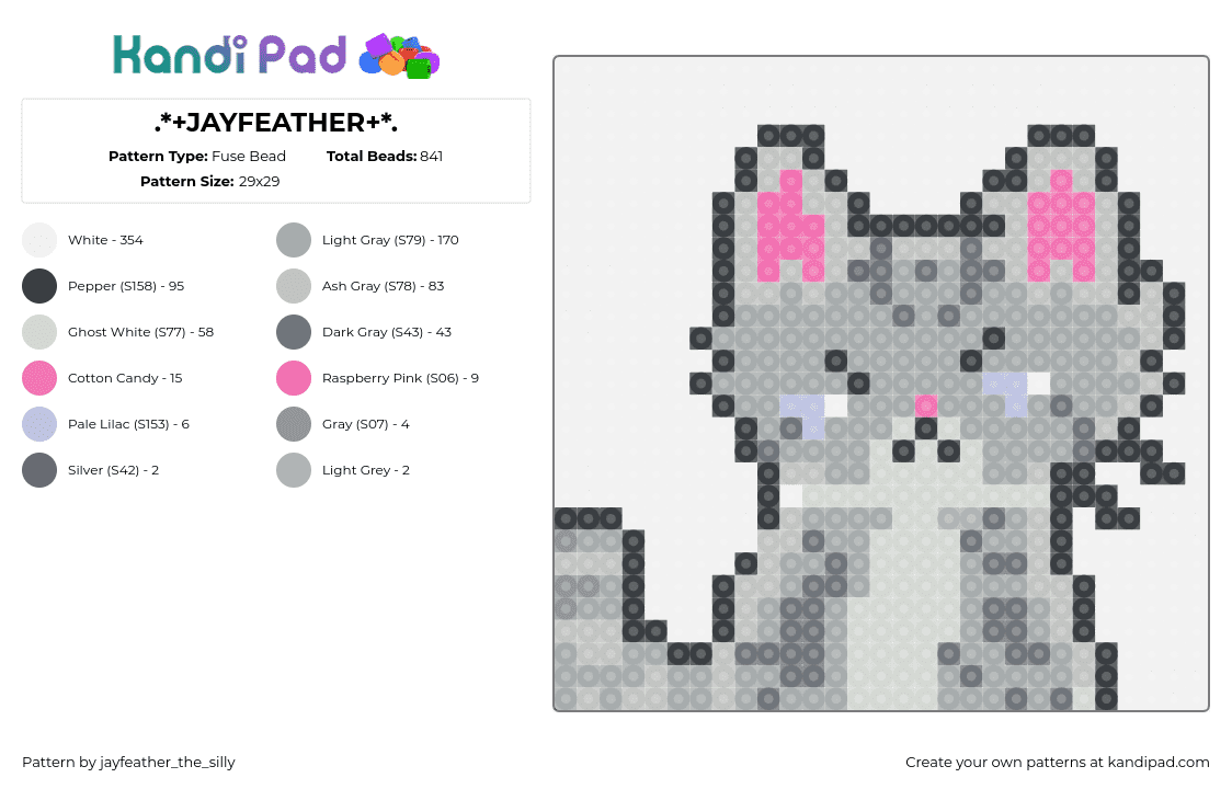 .*+JAYFEATHER+*. - Fuse Bead Pattern by jayfeather_the_silly on Kandi Pad - jayfeather,warrior cats,cat,story,book,character,animal,gray