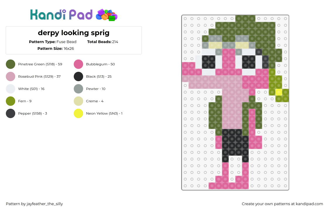 derpy looking sprig - Fuse Bead Pattern by jayfeather_the_silly on Kandi Pad - sprig plantar,amphibia,character,derpy,cartoon,animation,tv show,pink,green