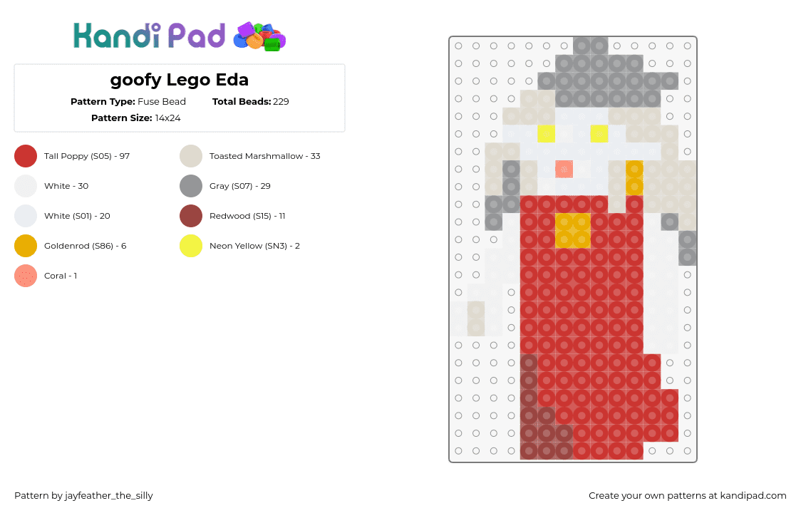 goofy Lego Eda - Fuse Bead Pattern by jayfeather_the_silly on Kandi Pad - edalyn clawthorne,eda,lego,owl house,character,meme,animation,horror,tv show,red,gray,white