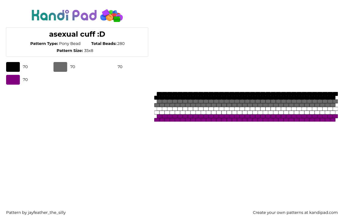 asexual cuff :D - Pony Bead Pattern by jayfeather_the_silly on Kandi Pad - asexual,pride,cuff,black,gray,white,purple