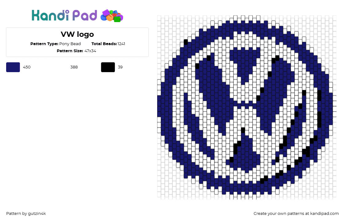 VW logo - Pony Bead Pattern by gutzin4k on Kandi Pad - vw,volkswagen,logo,car,automobile,blue,white