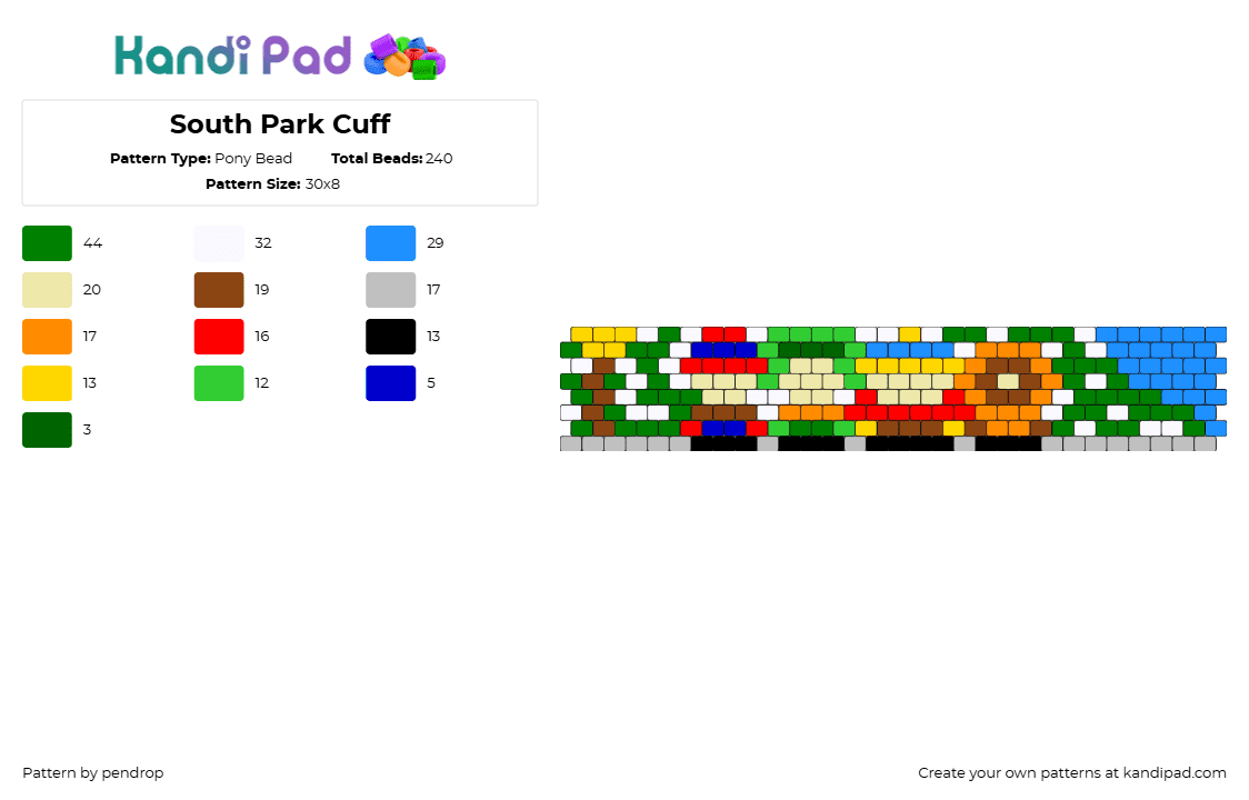 South Park Cuff - Pony Bead Pattern by pendrop on Kandi Pad - south park,kenny,cartman,stan,kyle,characters,animation,tv show,landscape,cuff,colorful,blue,green,orange