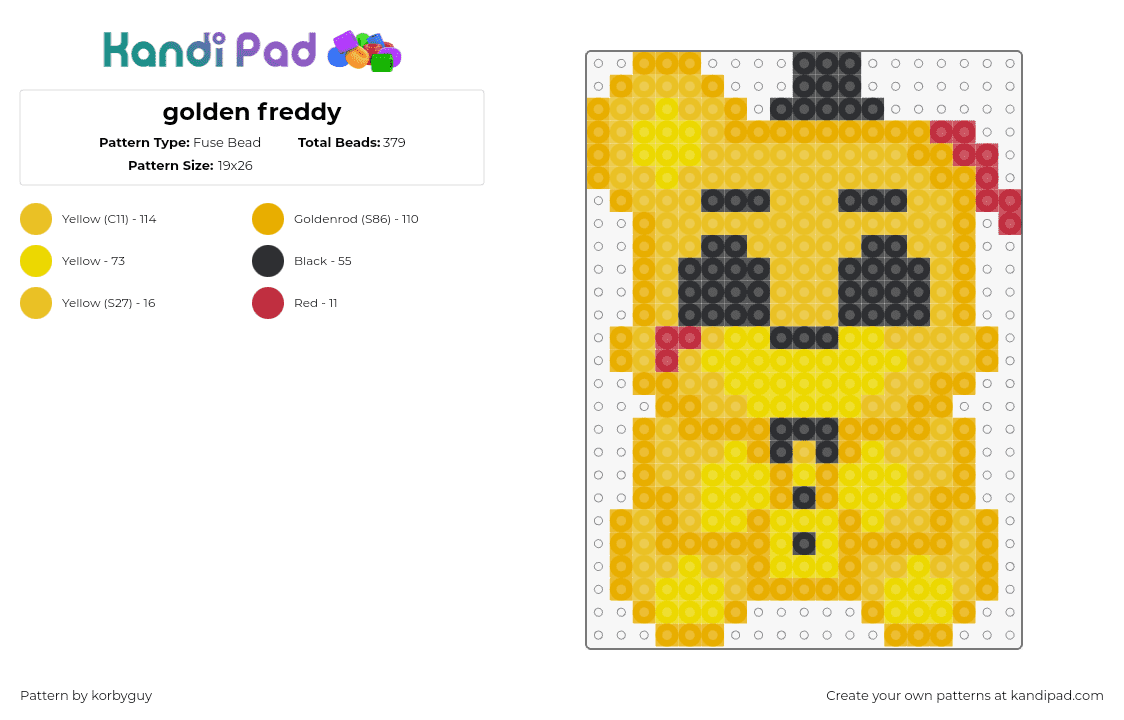 golden freddy - Fuse Bead Pattern by korbyguy on Kandi Pad - freddy fazbear,fnaf,five nights at freddys,plush,character,chibi,video game,horror,gold,yellow