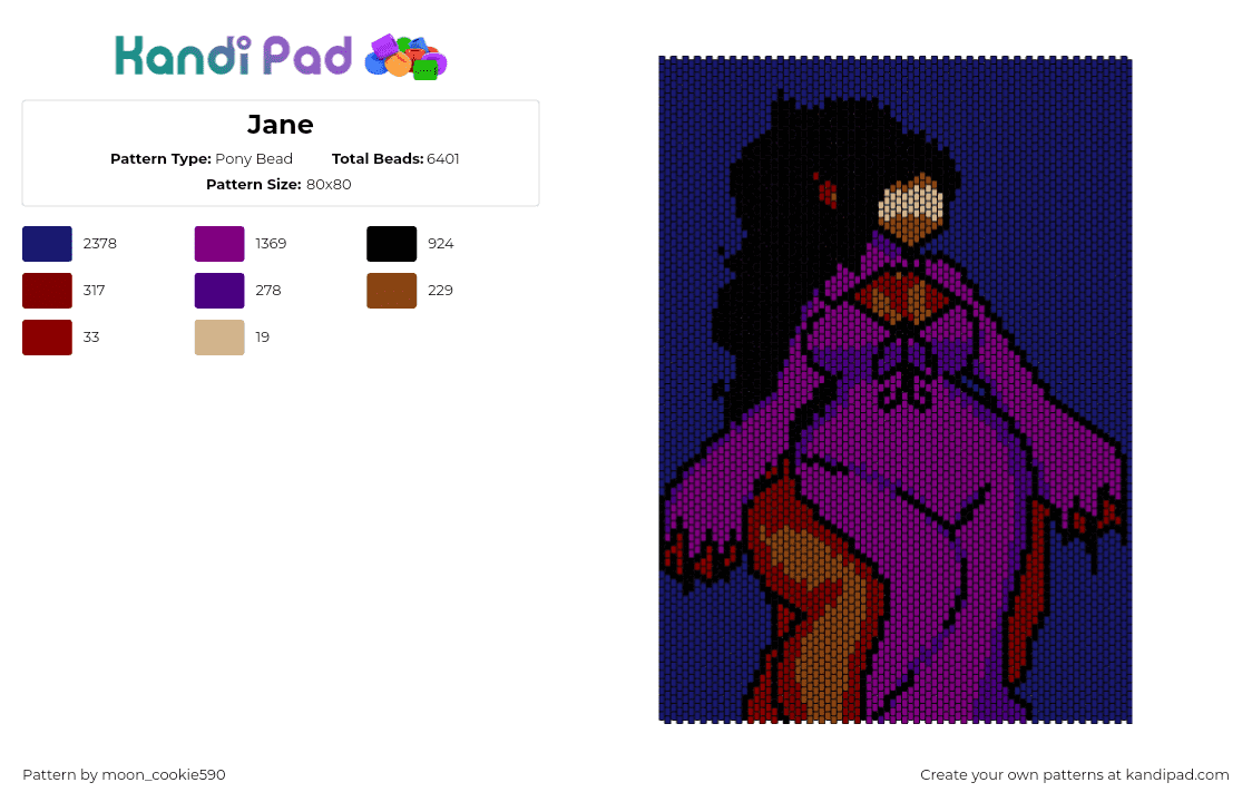 Jane - Pony Bead Pattern by moon_cookie590 on Kandi Pad - jane,vampire,panel,character,blue,purple,brown