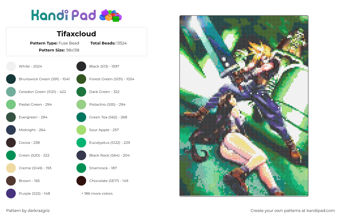 Tifaxcloud - Fuse Bead Pattern by darkrazgriz on Kandi Pad - cloud,tifa,final fantasy,characters,poster,video game,green